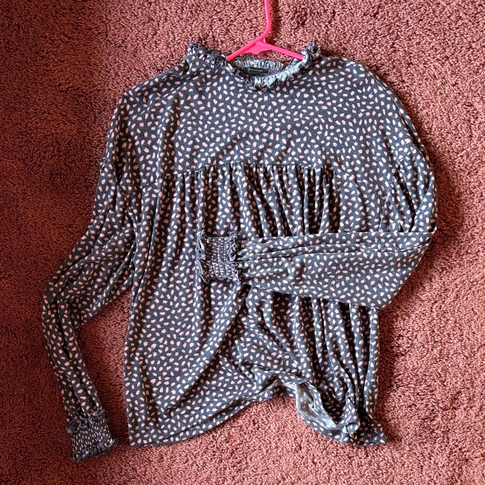 Long Sleeve Ruffle Neck Printed Women’s Top - Navy with Pink Dots